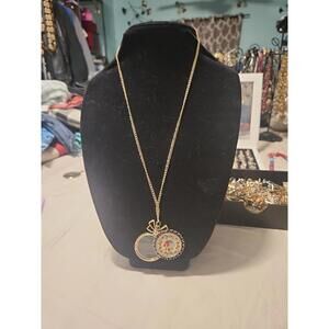 Vintage Tapestry Embroidered Pendant Necklace w Hidden Magnifying Glass